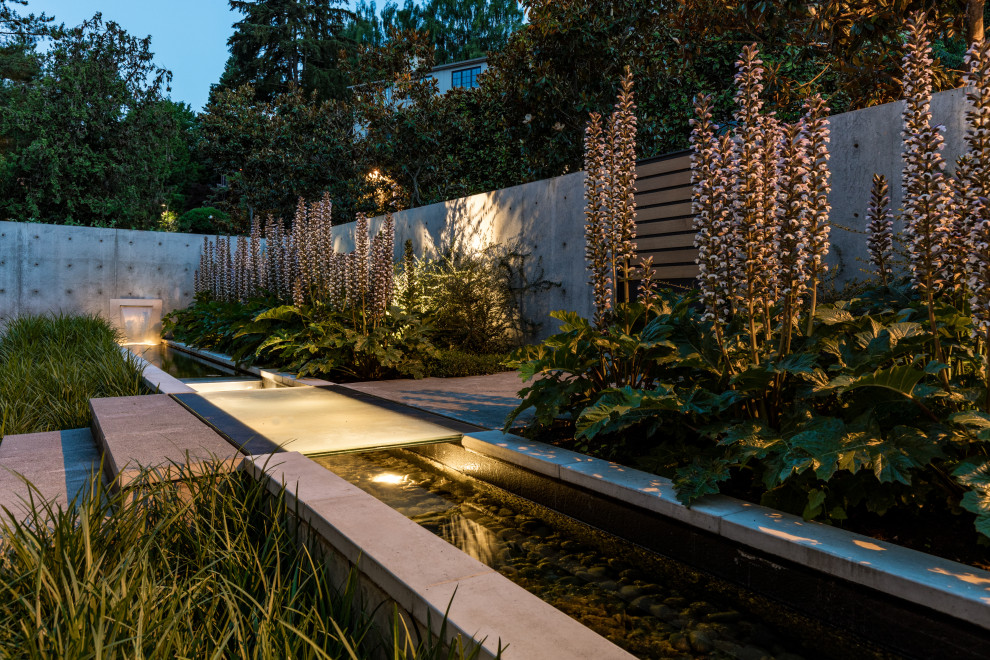 Esempio di un giardino formale minimalista esposto in pieno sole di medie dimensioni e davanti casa con una cascata e pavimentazioni in cemento