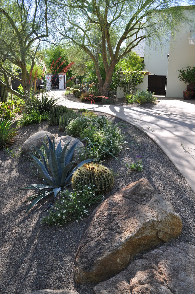 Inspiration for a mediterranean drought-tolerant front yard gravel landscaping in Phoenix.