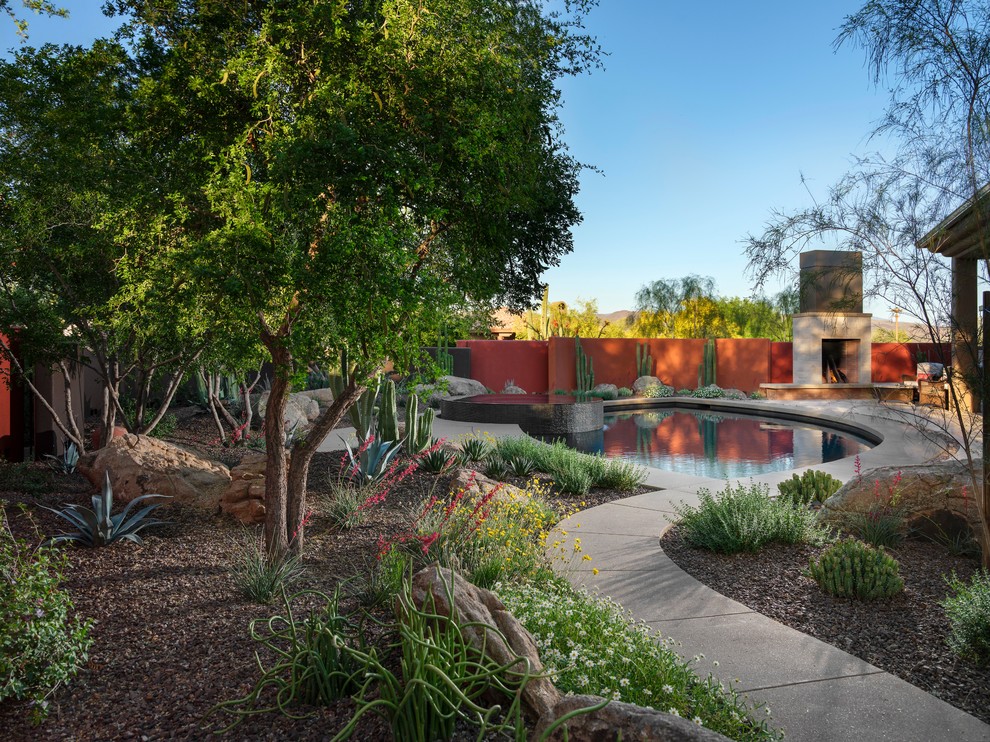 Design ideas for a large southwestern drought-tolerant backyard gravel landscaping in Phoenix.