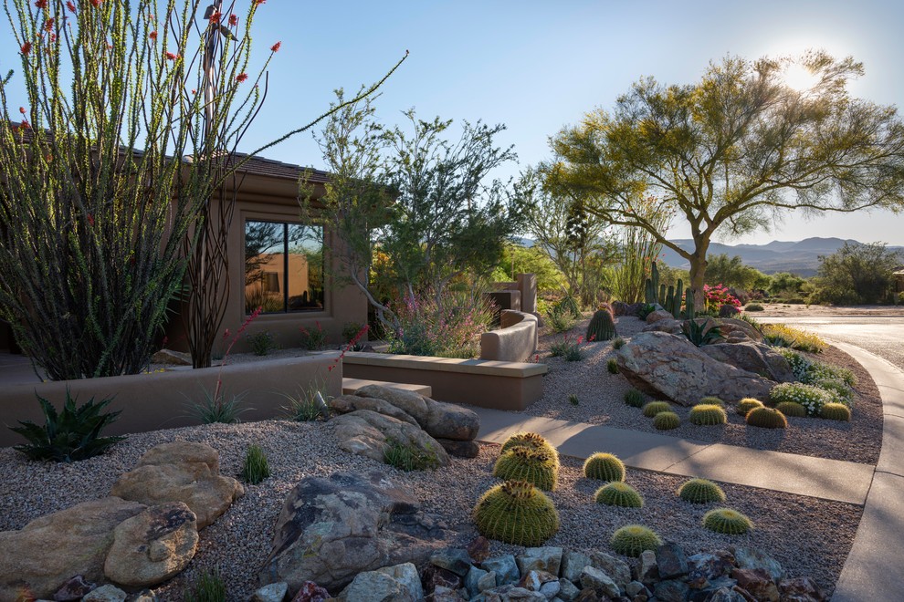 Diseño de jardín de secano de estilo americano de tamaño medio en patio delantero con gravilla y paisajismo estilo desértico