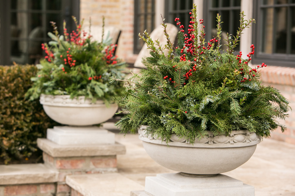 Inspiration pour un grand jardin en pots avant traditionnel l'hiver avec une exposition ensoleillée et des pavés en pierre naturelle.