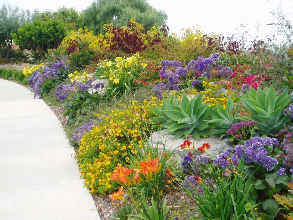 This is an example of a mediterranean full sun garden in San Diego with a garden path and natural stone paving.