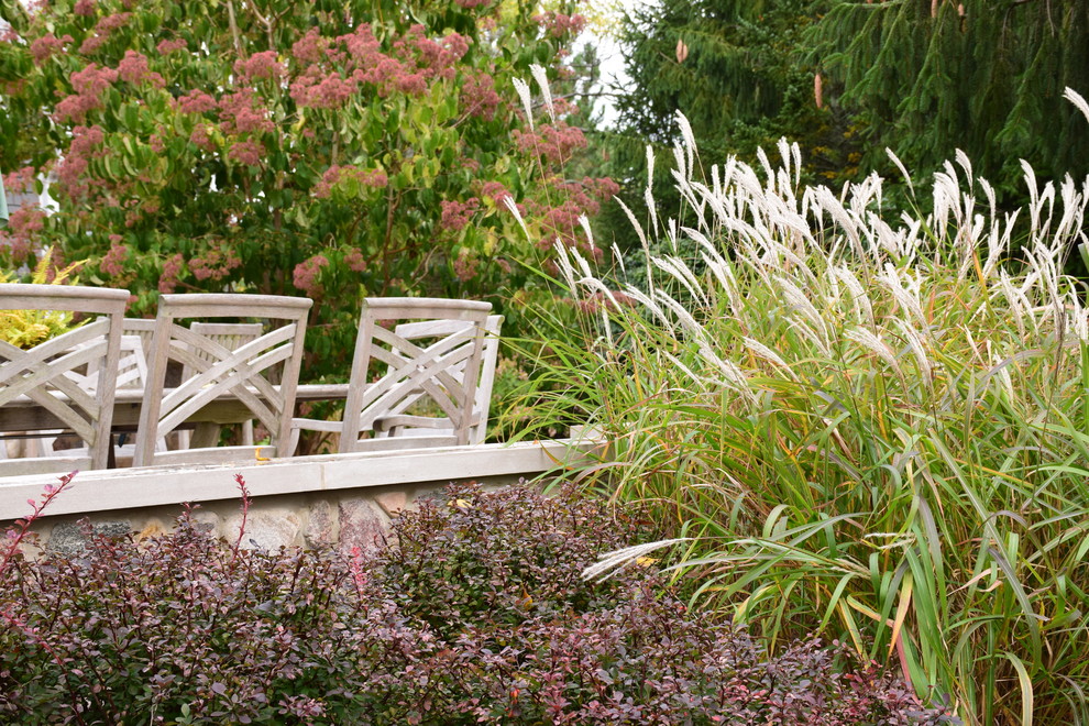 Diseño de jardín tradicional renovado en otoño en patio trasero con exposición total al sol y adoquines de piedra natural