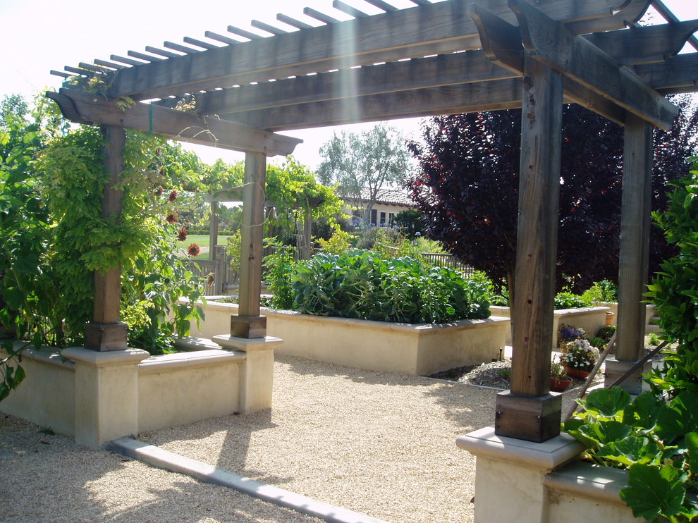 Идея дизайна: солнечный участок и сад на заднем дворе в средиземноморском стиле с хорошей освещенностью и покрытием из гравия