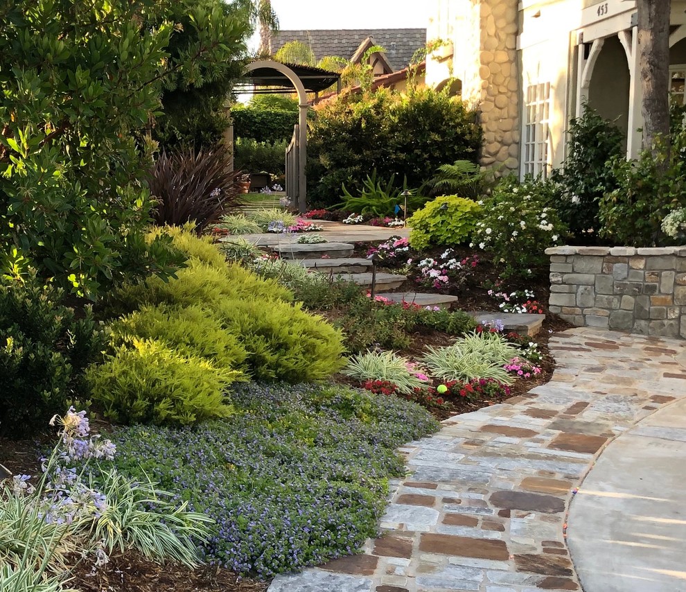 Photo of a medium sized traditional front partial sun garden for spring in San Diego with a garden path and natural stone paving.