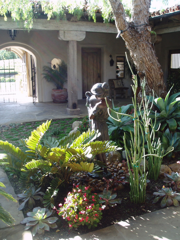 Halbschattiger Mediterraner Garten im Innenhof mit Natursteinplatten in San Diego