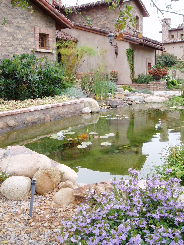 Ispirazione per un grande laghetto da giardino mediterraneo esposto in pieno sole davanti casa con pavimentazioni in pietra naturale