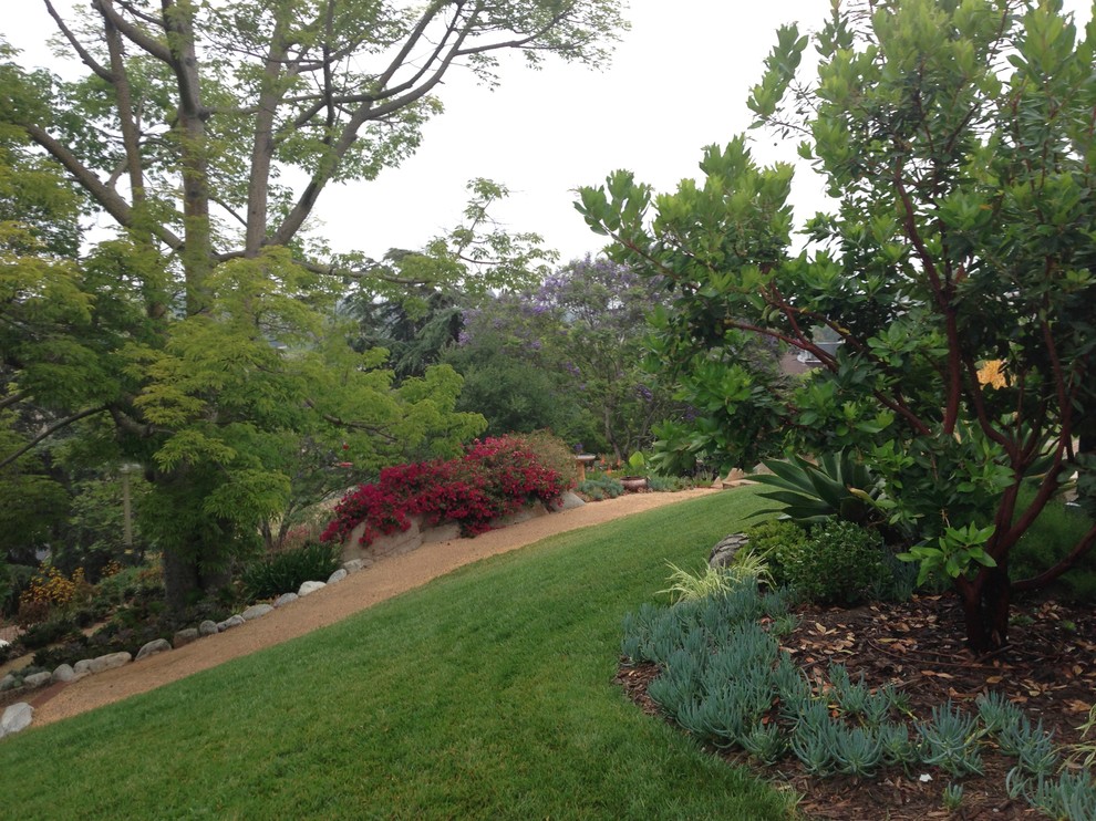 Пример оригинального дизайна: солнечный, весенний засухоустойчивый сад среднего размера на склоне в стиле фьюжн с хорошей освещенностью и покрытием из гравия