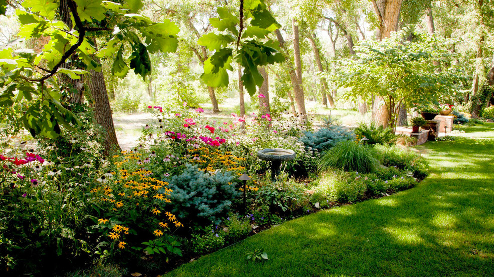 На фото: большой участок и сад на заднем дворе в классическом стиле с полуденной тенью и мульчированием с