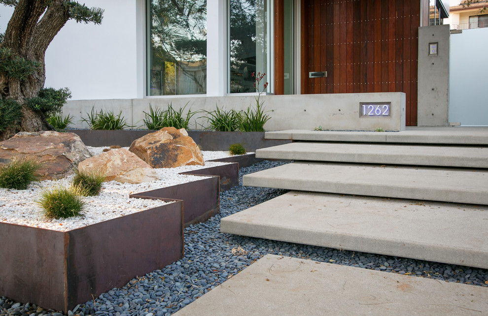 Idee per un grande giardino xeriscape minimalista esposto a mezz'ombra dietro casa con un ingresso o sentiero e pavimentazioni in cemento