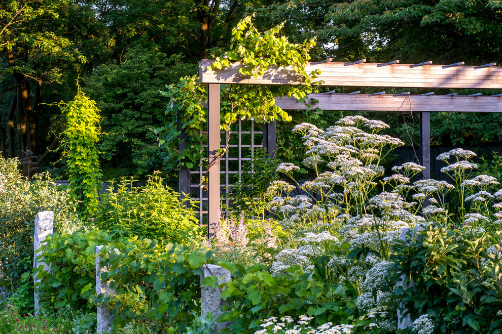 Источник вдохновения для домашнего уюта: большой солнечный, весенний участок и сад на внутреннем дворе в современном стиле с растениями в контейнерах, хорошей освещенностью и покрытием из гравия