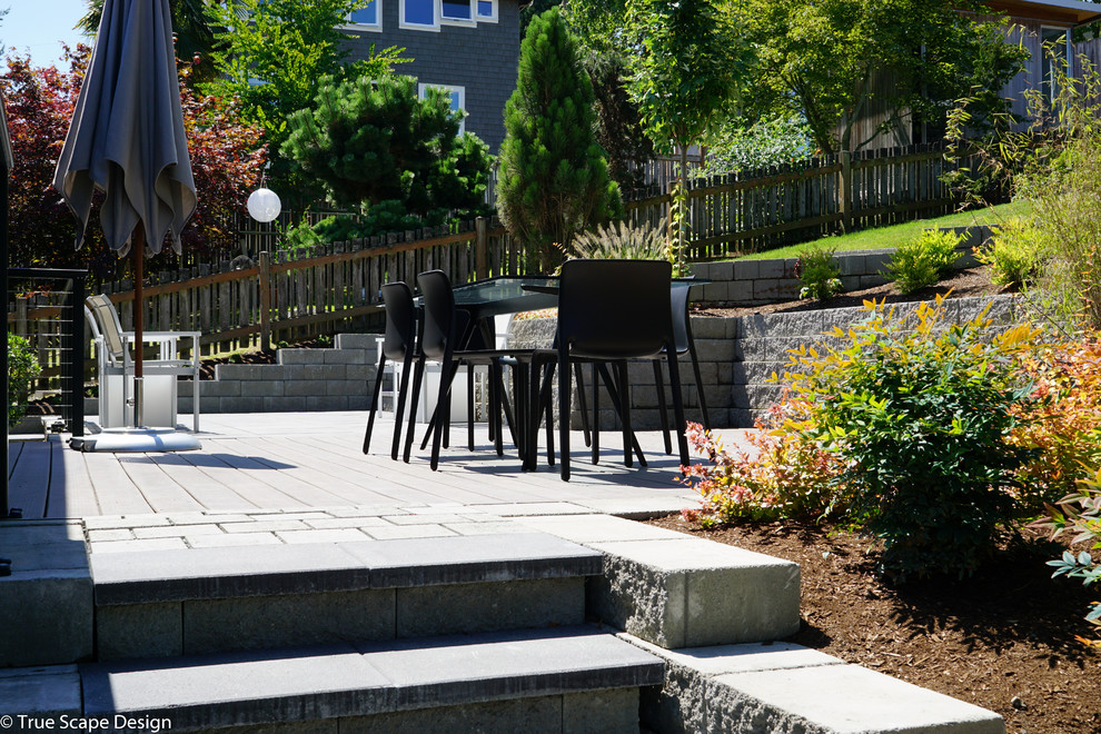 Idee per un giardino xeriscape minimalista esposto in pieno sole di medie dimensioni in estate con un muro di contenimento, un pendio, una collina o una riva e pavimentazioni in cemento