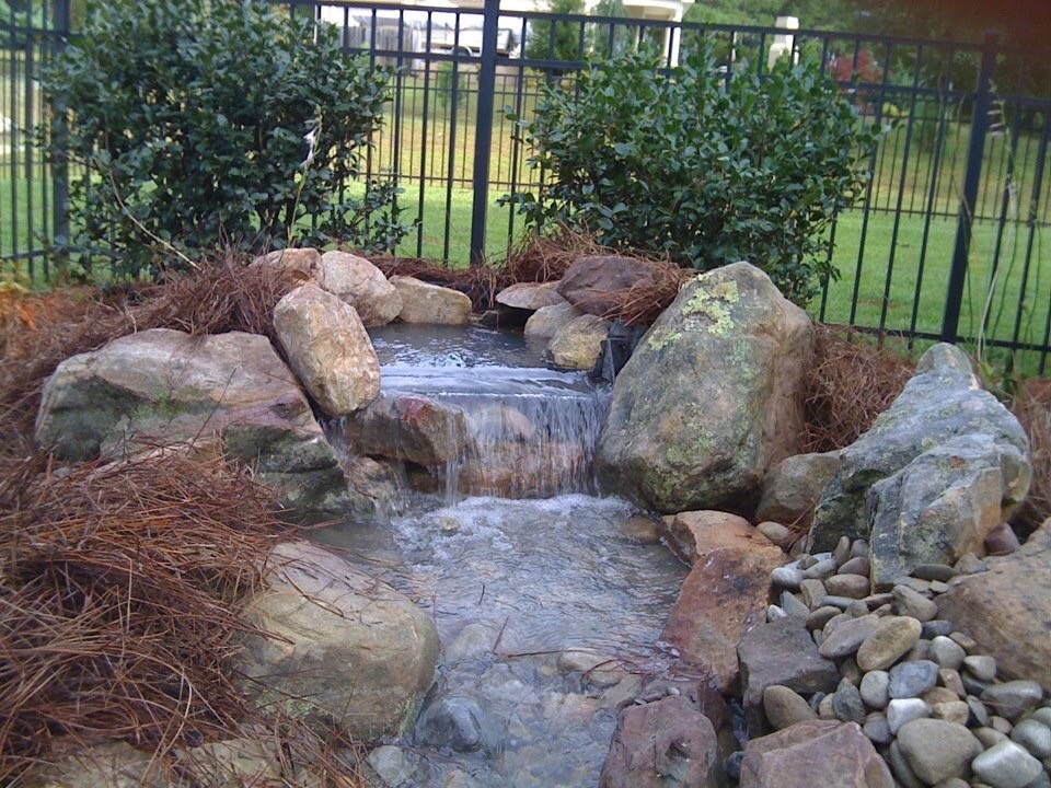 Photo of a medium sized world-inspired back formal full sun garden for spring in Raleigh with a water feature and mulch.