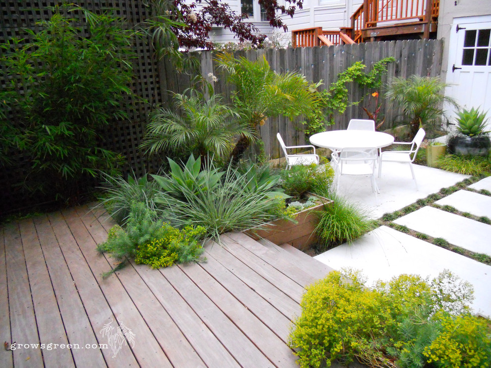 Diseño de jardín moderno pequeño en patio trasero con exposición parcial al sol y adoquines de hormigón