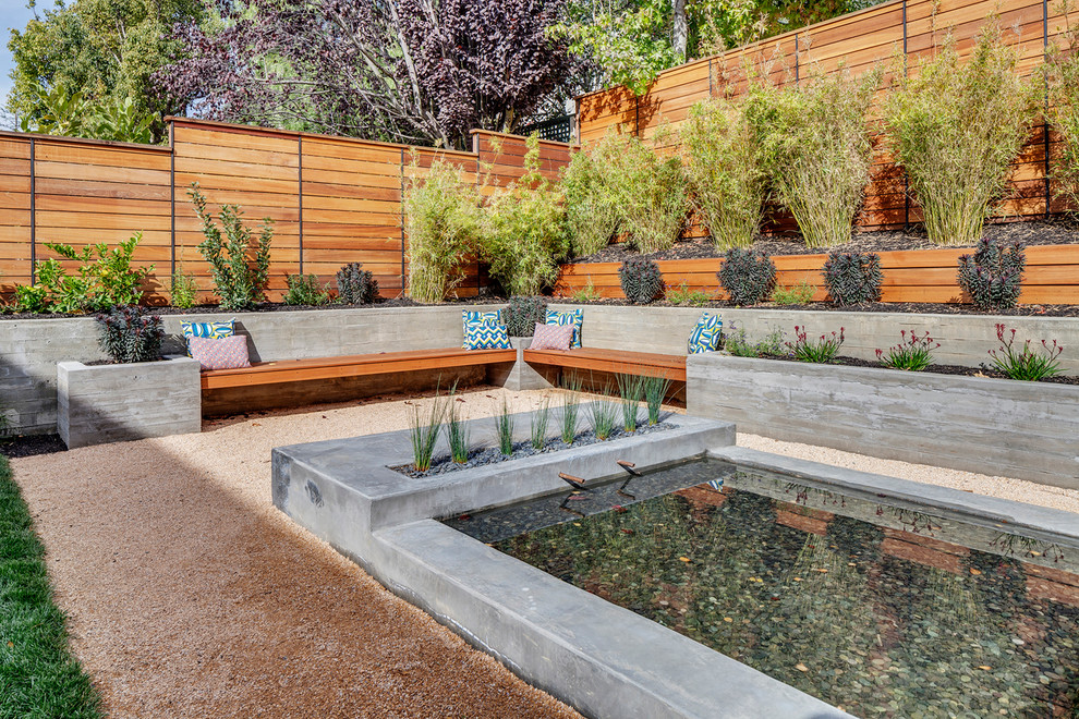 Diseño de jardín moderno en patio trasero con estanque y exposición parcial al sol