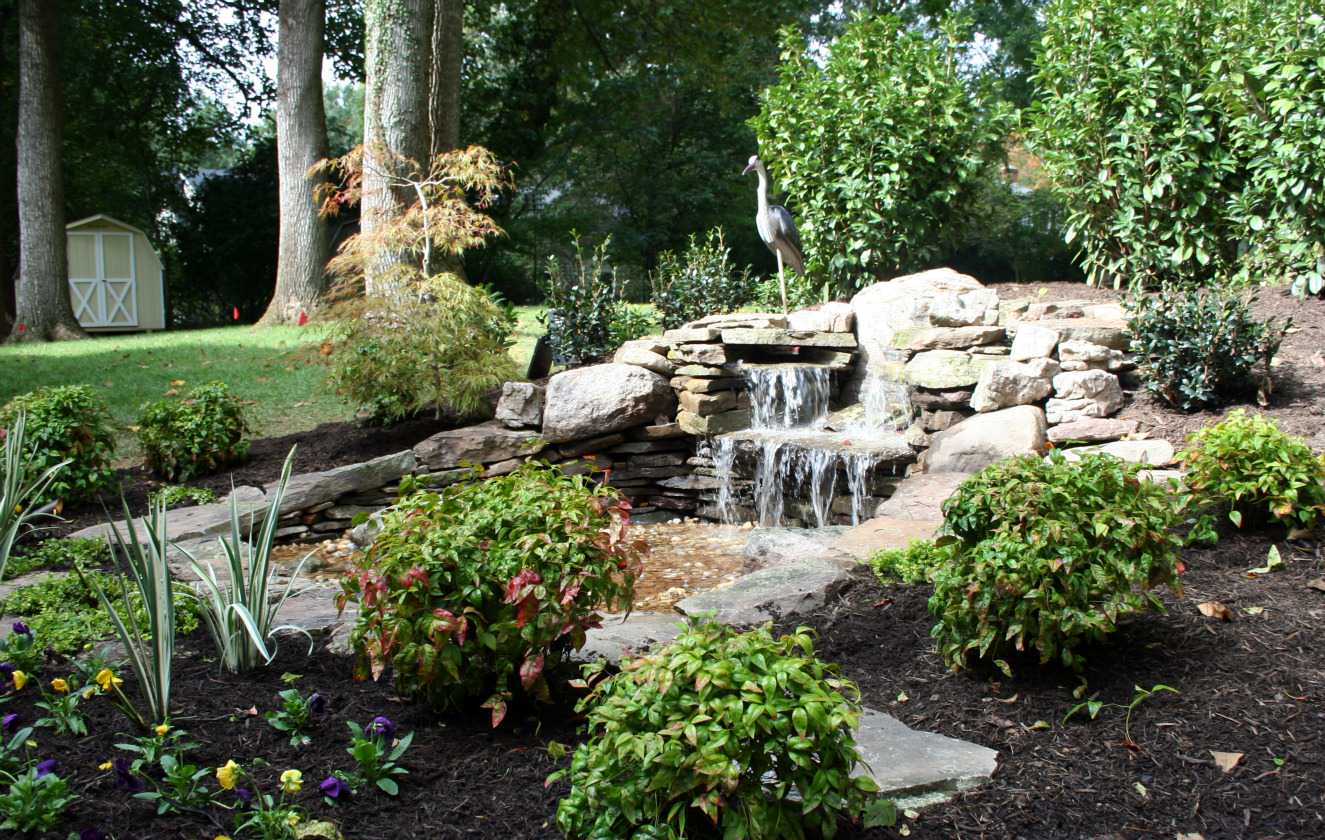 Double Waterfall Pond With Mulched, Campbell Ferrara Landscaping