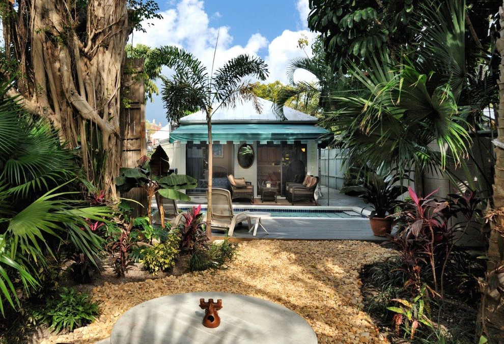 Diseño de jardín tropical en patio trasero