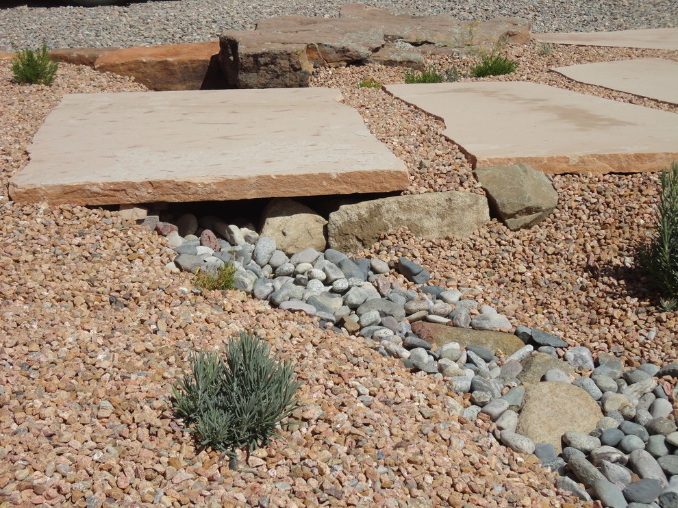 Idées déco pour un xéropaysage sud-ouest américain l'été avec une exposition ensoleillée et des pavés en pierre naturelle.