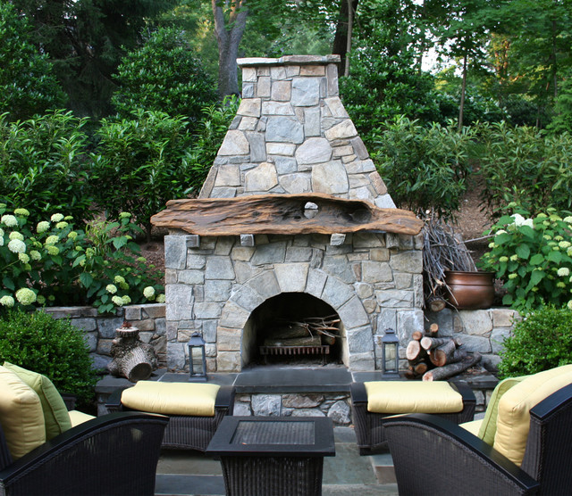 Driftwood Mantel on Fieldstone Outdoor Fireplace - Eclectic - Courtyard -  DC Metro - by Land Art Design, Inc. | Houzz
