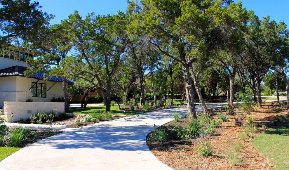 Inspiration for a large contemporary front driveway partial sun garden for spring in Austin with natural stone paving.