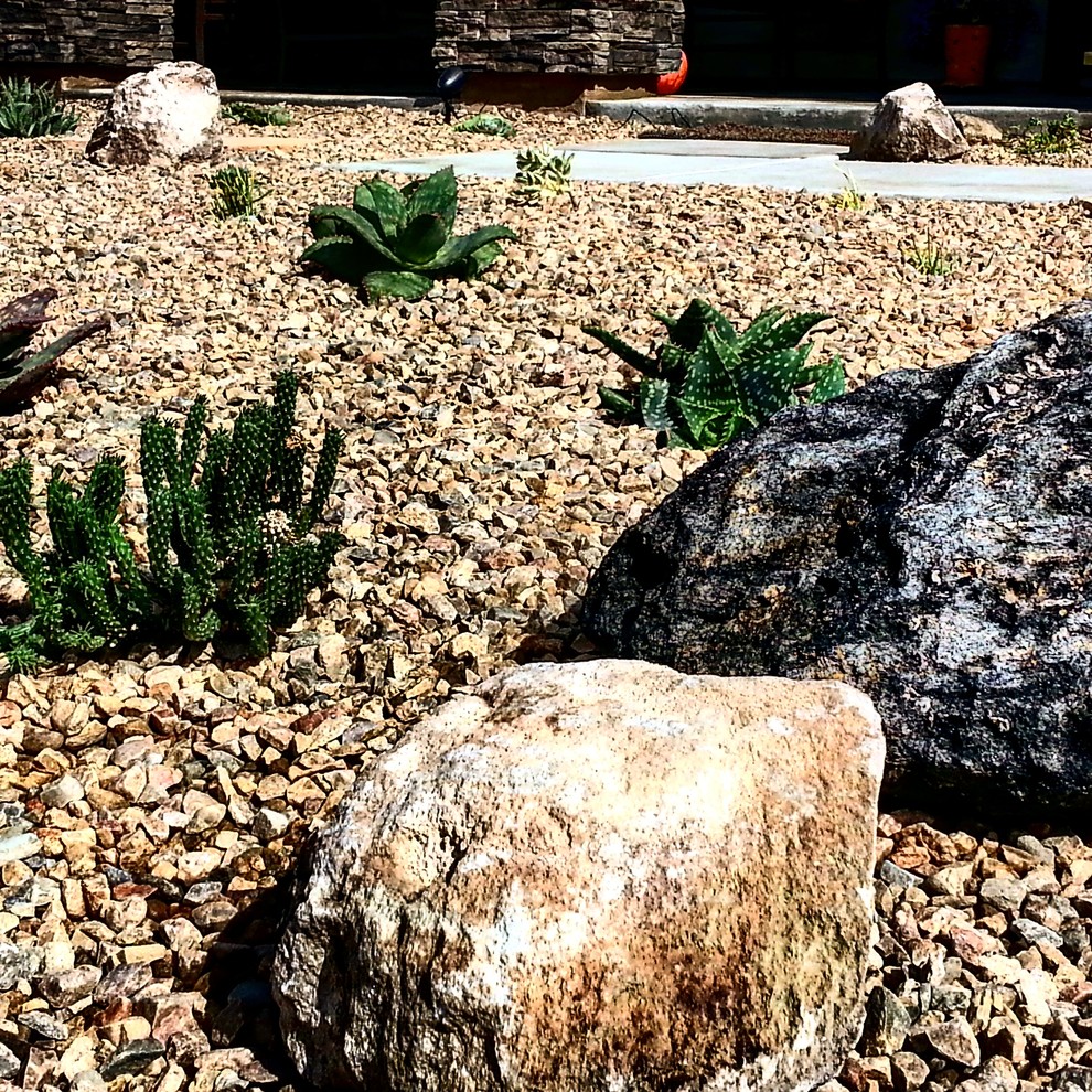 Idee per un piccolo giardino xeriscape contemporaneo esposto in pieno sole davanti casa in inverno con ghiaia e sassi e rocce