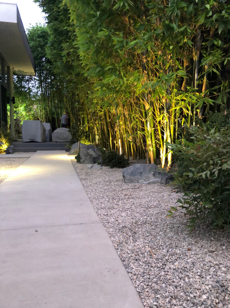 Источник вдохновения для домашнего уюта: солнечный засухоустойчивый сад среднего размера на переднем дворе в стиле модернизм с камнем в ландшафтном дизайне, хорошей освещенностью и покрытием из гравия