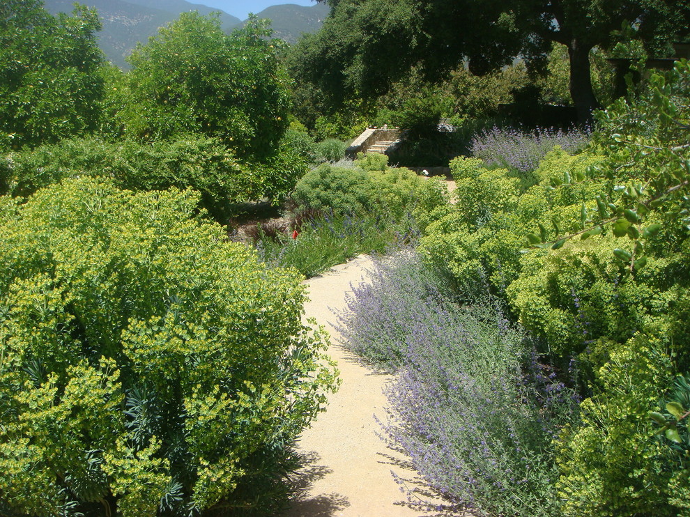 Exempel på en stor klassisk trädgård i full sol, med en trädgårdsgång och grus