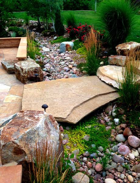 Dry Creek Bed and Stone Slab Bridge - Rustic - Garden - Denver - by Mile High Landscaping | Houzz IE