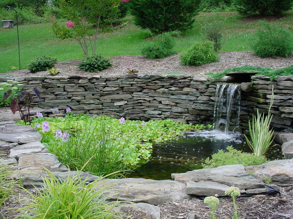 Réalisation d'un grand jardin à la française arrière tradition au printemps avec un point d'eau, une exposition ensoleillée et des pavés en pierre naturelle.