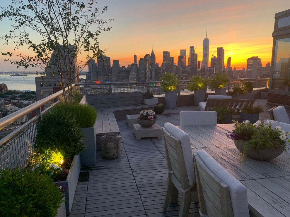 This is an example of a large contemporary roof terrace in New York with a potted garden.
