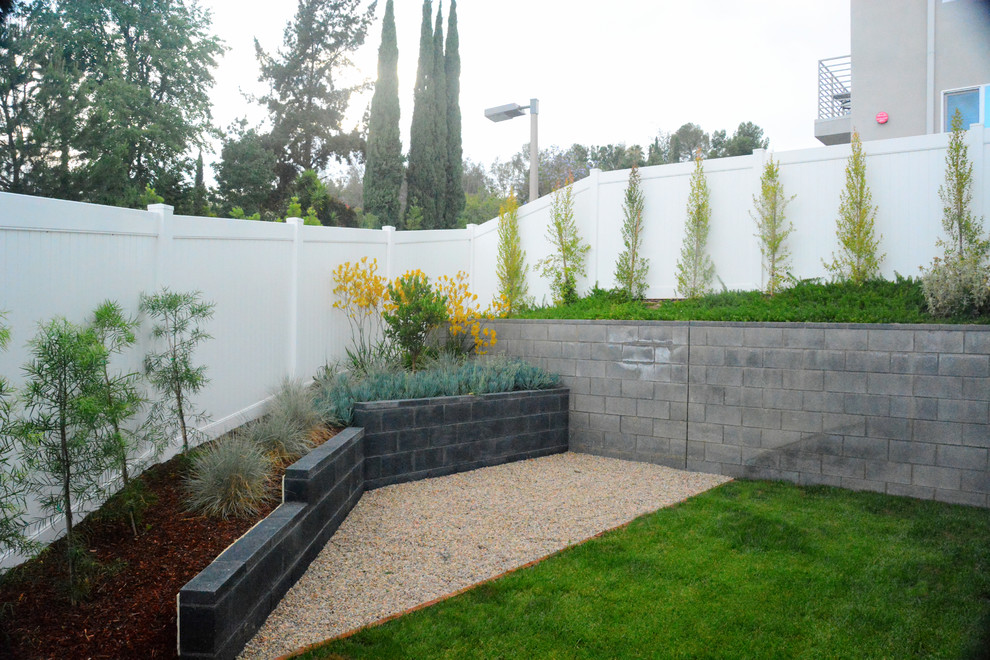 Foto di un giardino xeriscape minimal esposto in pieno sole di medie dimensioni e dietro casa in estate con un muro di contenimento e ghiaia