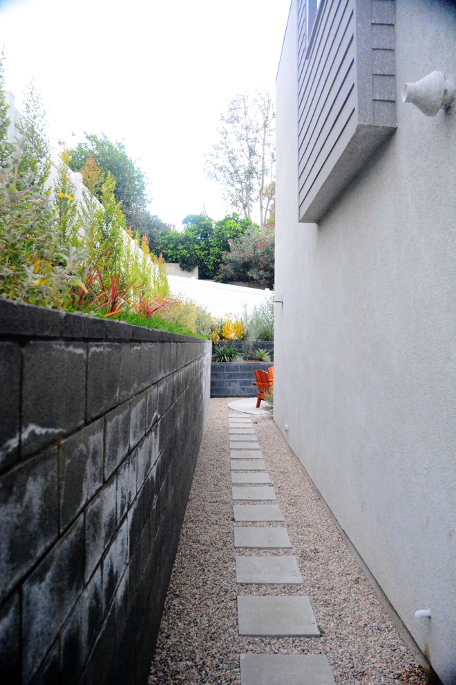 Immagine di un giardino xeriscape design in ombra di medie dimensioni e nel cortile laterale in estate con un muro di contenimento e pavimentazioni in cemento