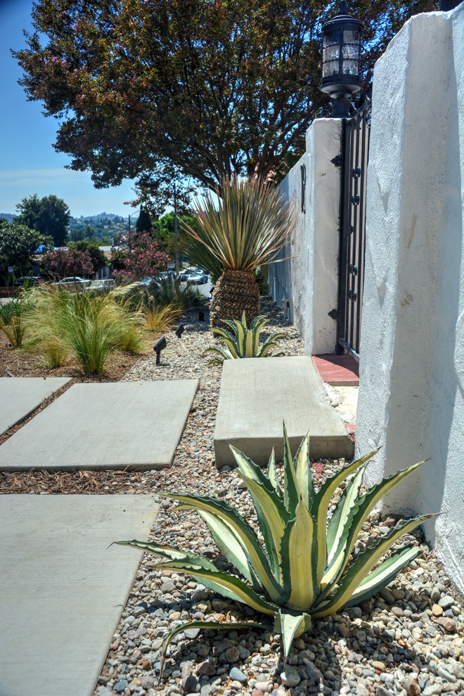 На фото: солнечный, летний засухоустойчивый сад среднего размера на переднем дворе в современном стиле с хорошей освещенностью, покрытием из гравия и садовой дорожкой или калиткой