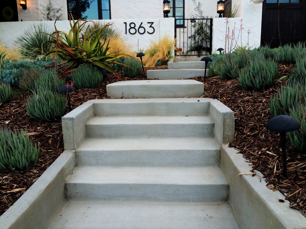 Medium sized contemporary front xeriscape full sun garden for summer in Los Angeles with concrete paving and a garden path.