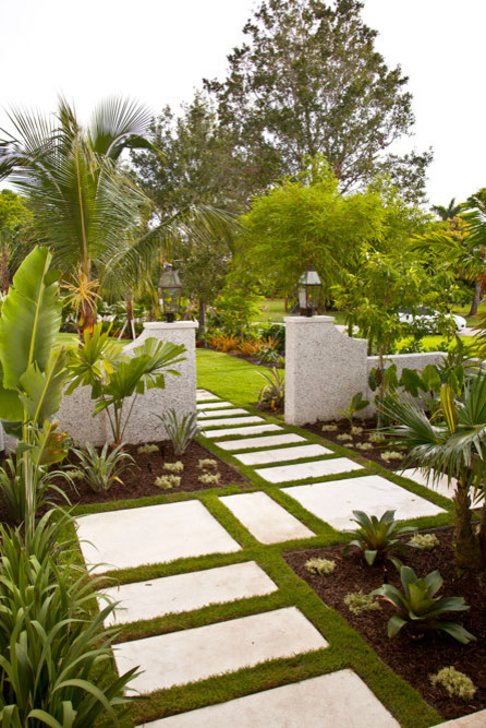 Immagine di un giardino tropicale esposto in pieno sole di medie dimensioni e davanti casa in inverno con un ingresso o sentiero e pavimentazioni in cemento
