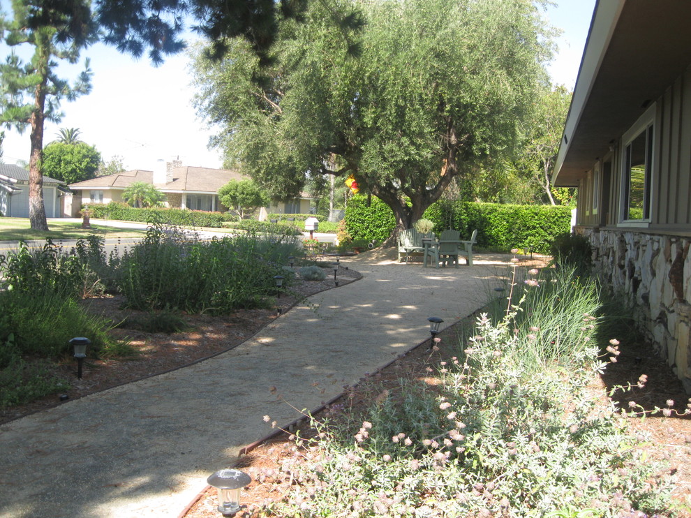 Idee per un grande giardino xeriscape classico esposto a mezz'ombra davanti casa con un ingresso o sentiero e pacciame