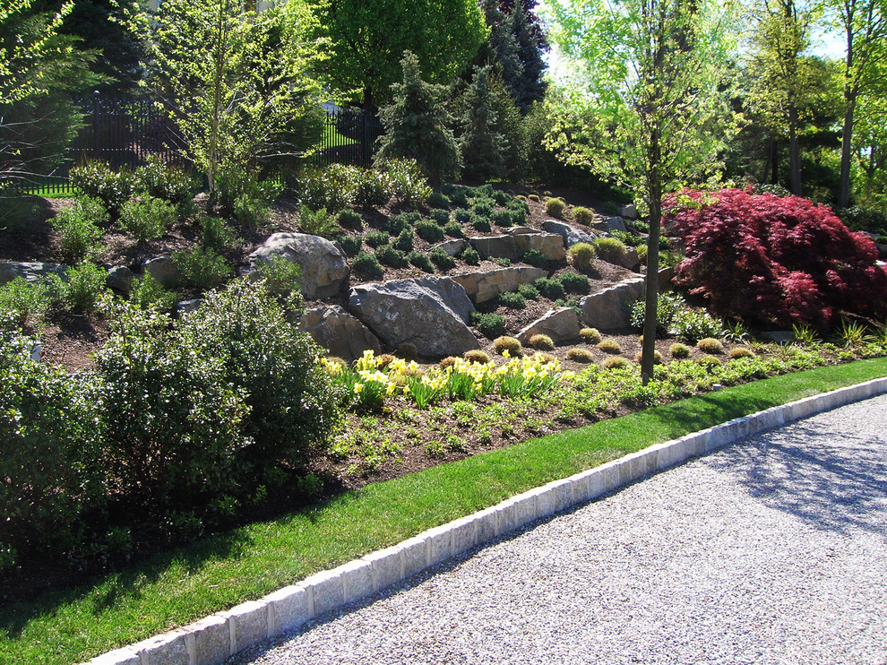 Rustik inredning av en trädgård i full sol i slänt, med en vertikal trädgård och grus på våren