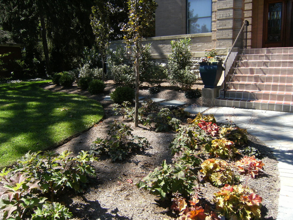 Immagine di un giardino classico esposto in pieno sole di medie dimensioni e davanti casa con un giardino in vaso e pavimentazioni in cemento