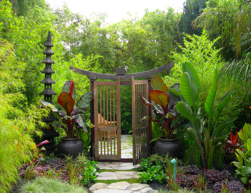 Asiatischer Garten hinter dem Haus mit Kübelpflanzen und Natursteinplatten in San Francisco