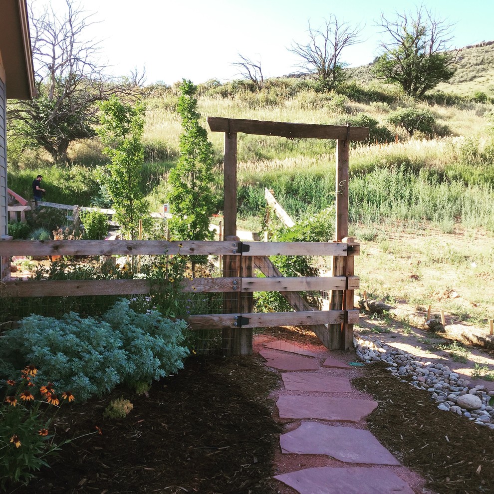 Ispirazione per un grande giardino xeriscape eclettico esposto in pieno sole dietro casa con un ingresso o sentiero e pavimentazioni in pietra naturale