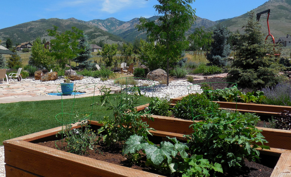 Photo of a medium sized traditional back xeriscape full sun garden for summer in Salt Lake City with a vegetable patch and gravel.