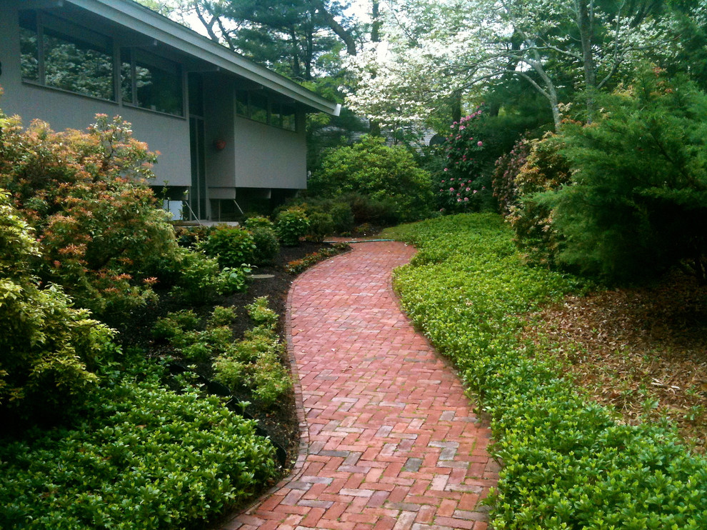 Immagine di un piccolo orto in giardino contemporaneo in ombra davanti casa in estate con pavimentazioni in mattoni