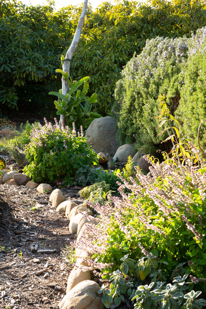 This is an example of a shabby-chic style full sun backyard mulch vegetable garden landscape in Santa Barbara.
