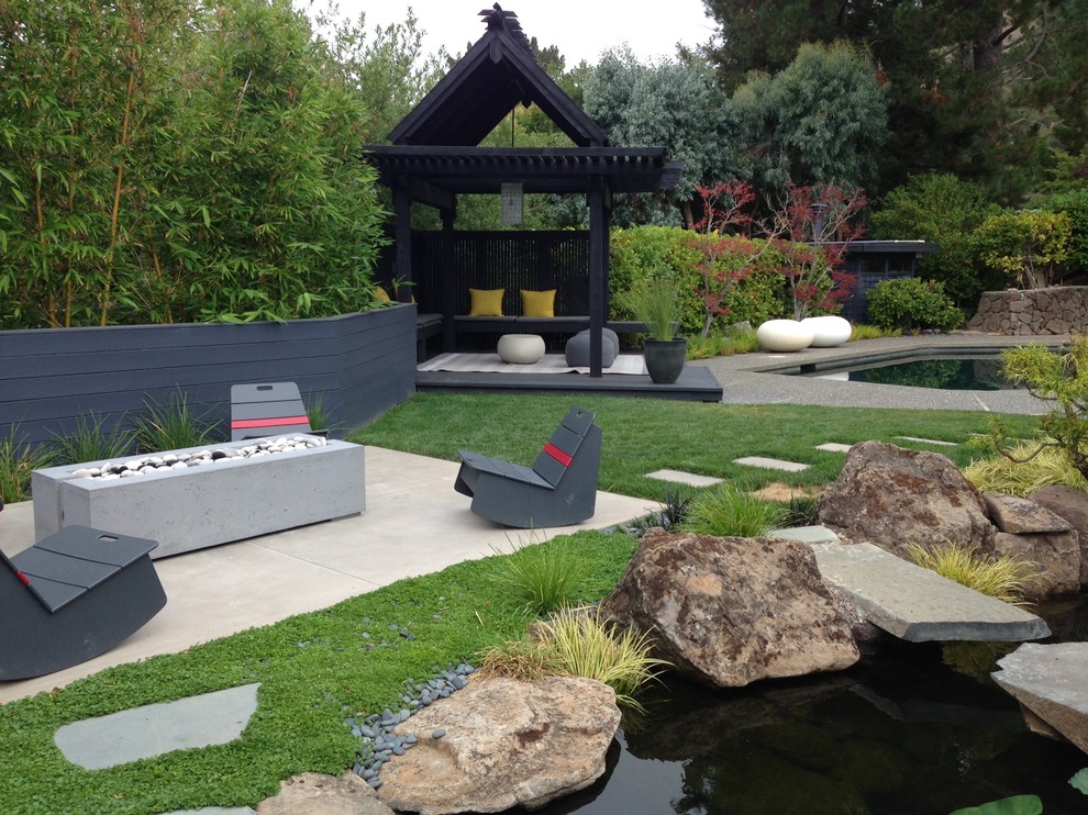 Cette image montre un grand jardin arrière asiatique avec un bassin et une exposition ensoleillée.