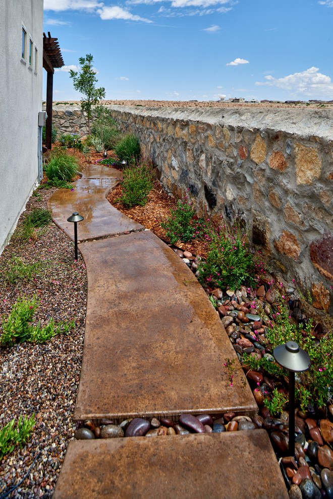 Esempio di un giardino xeriscape tradizionale dietro casa con un ingresso o sentiero e pavimentazioni in cemento
