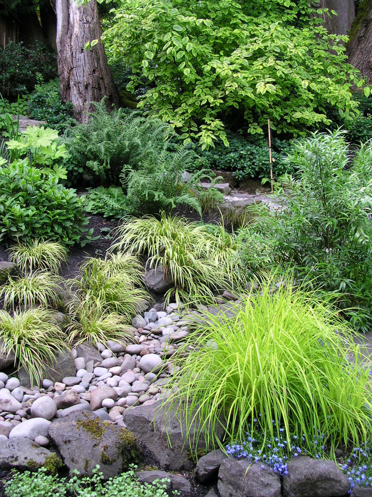 Exemple d'un grand jardin arrière craftsman l'été avec une exposition ombragée et des pavés en pierre naturelle.