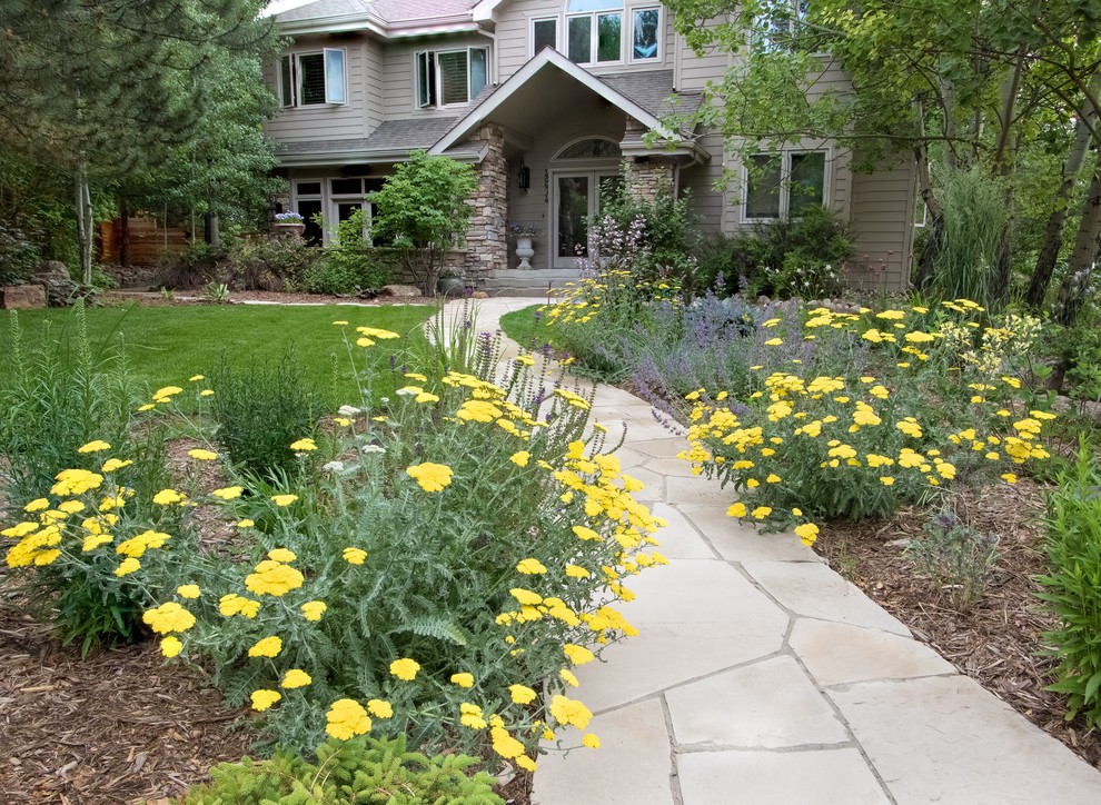 Photo of a large traditional front formal partial sun garden for summer in Denver with a garden path and natural stone paving.