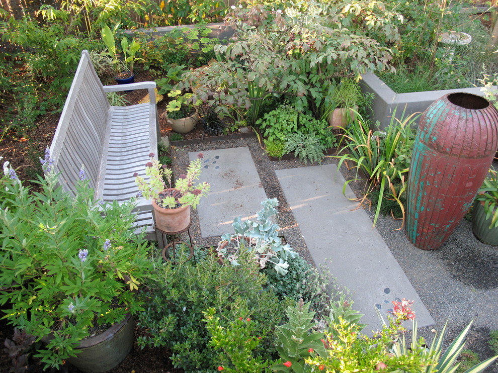 Immagine di un giardino eclettico di medie dimensioni e in cortile con un giardino in vaso e ghiaia