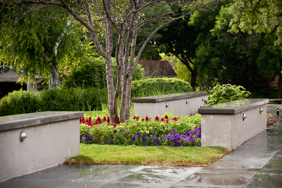Esempio di un giardino design esposto in pieno sole di medie dimensioni e dietro casa in estate con un muro di contenimento e pavimentazioni in pietra naturale