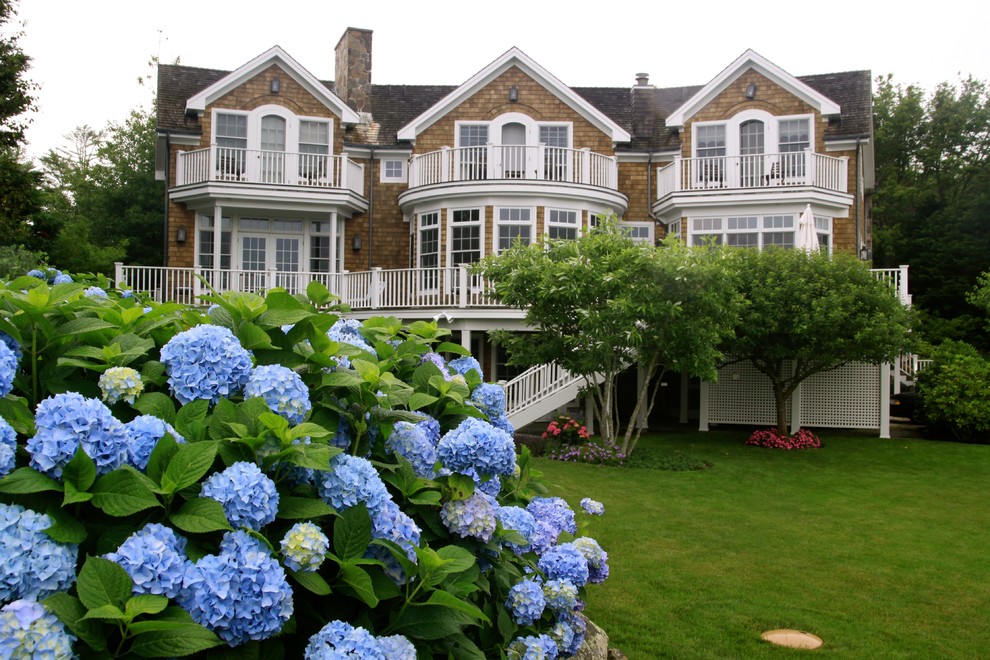 Пример оригинального дизайна: летний участок и сад на заднем дворе в классическом стиле с садовой дорожкой или калиткой и полуденной тенью